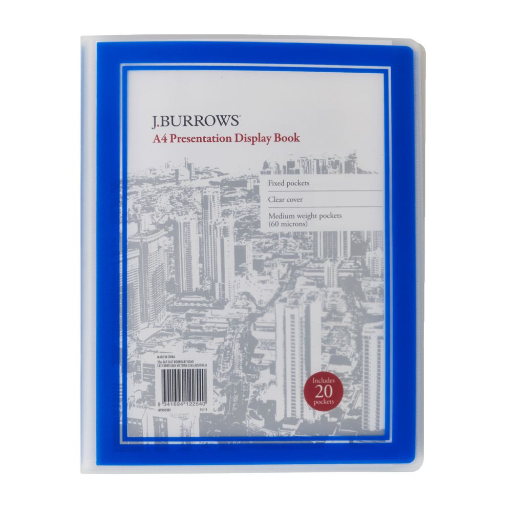 J.Burrows Presentation Display Book A4 20 Pocket Fixed Blue