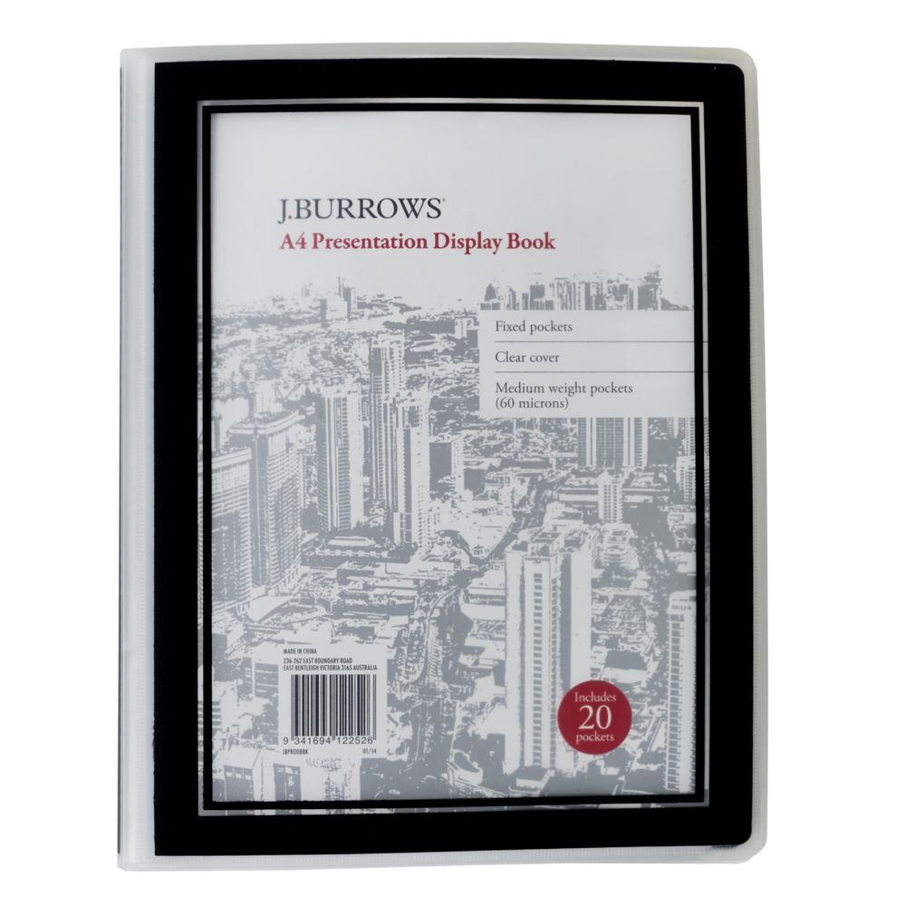 J.Burrows Presentation Display Book A4 20 Pocket Fixed Black