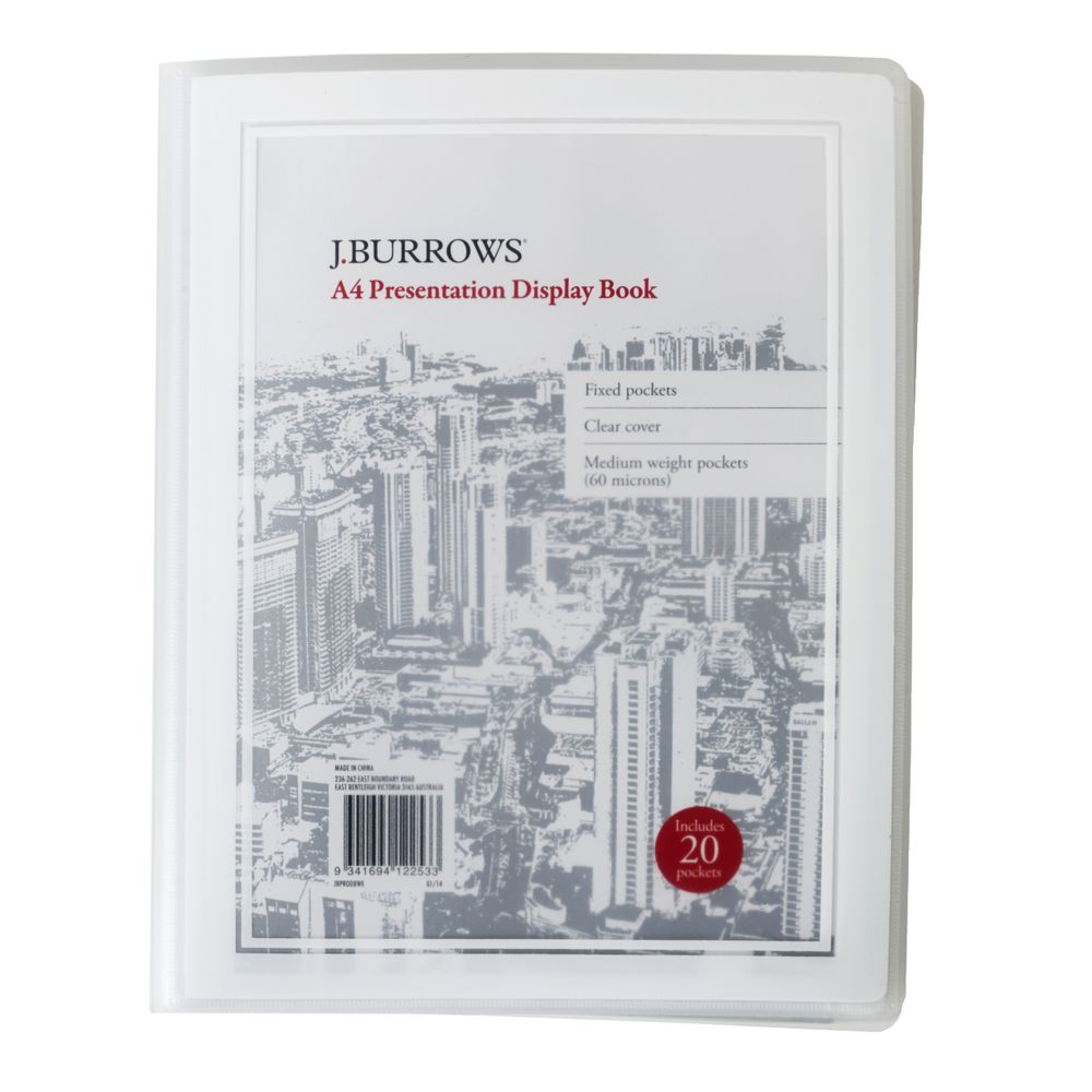 J.Burrows A4 Presentation Display Book with 20 Pockets White