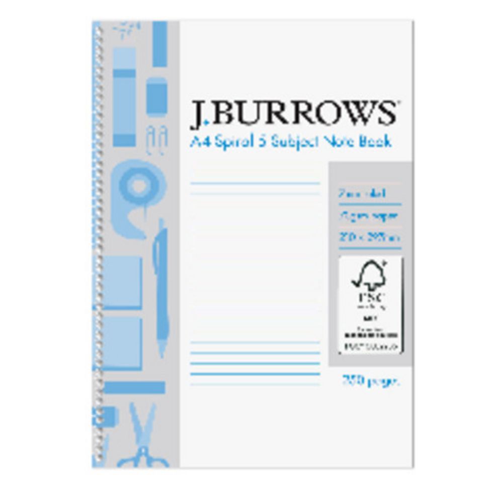 J.Burrows A4 Spiral 5 Subject Notebook 250 Page