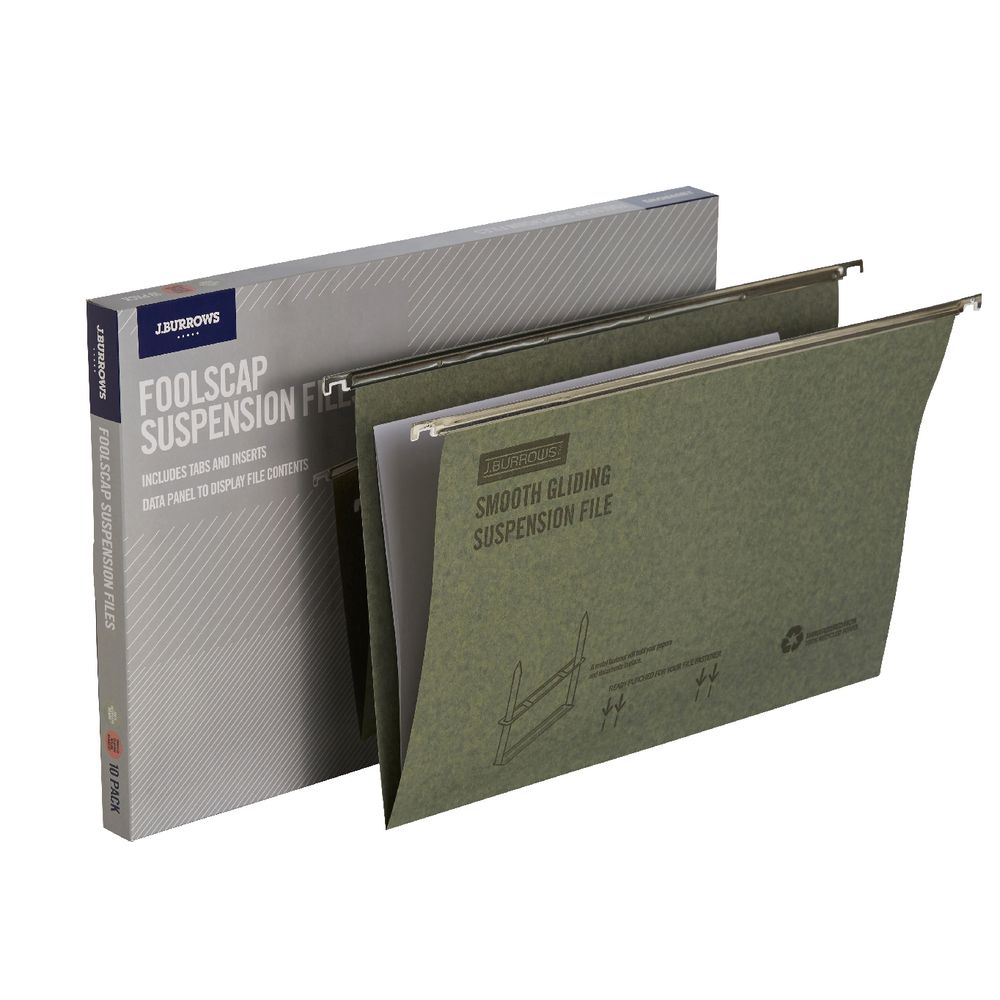 J.Burrows Suspension File Foolscap Green 10 Pack