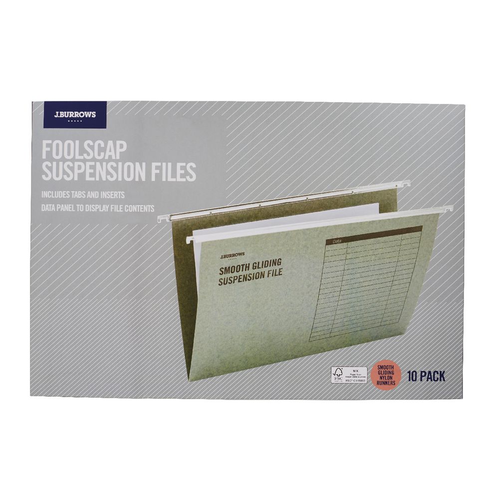 J.Burrows Suspension File Foolscap Green 10 Pack