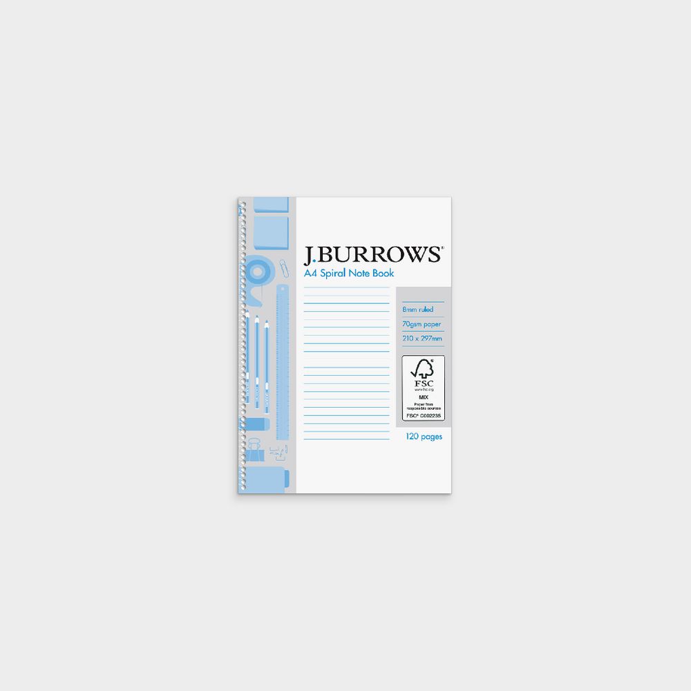 J.Burrows A4 Spiral Notebook 120 Page
