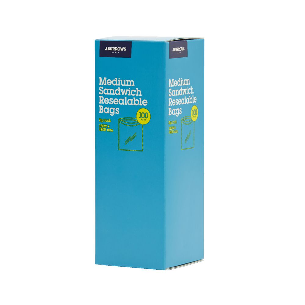 J.Burrows Resealable Plastic Bags Medium 100 Pack