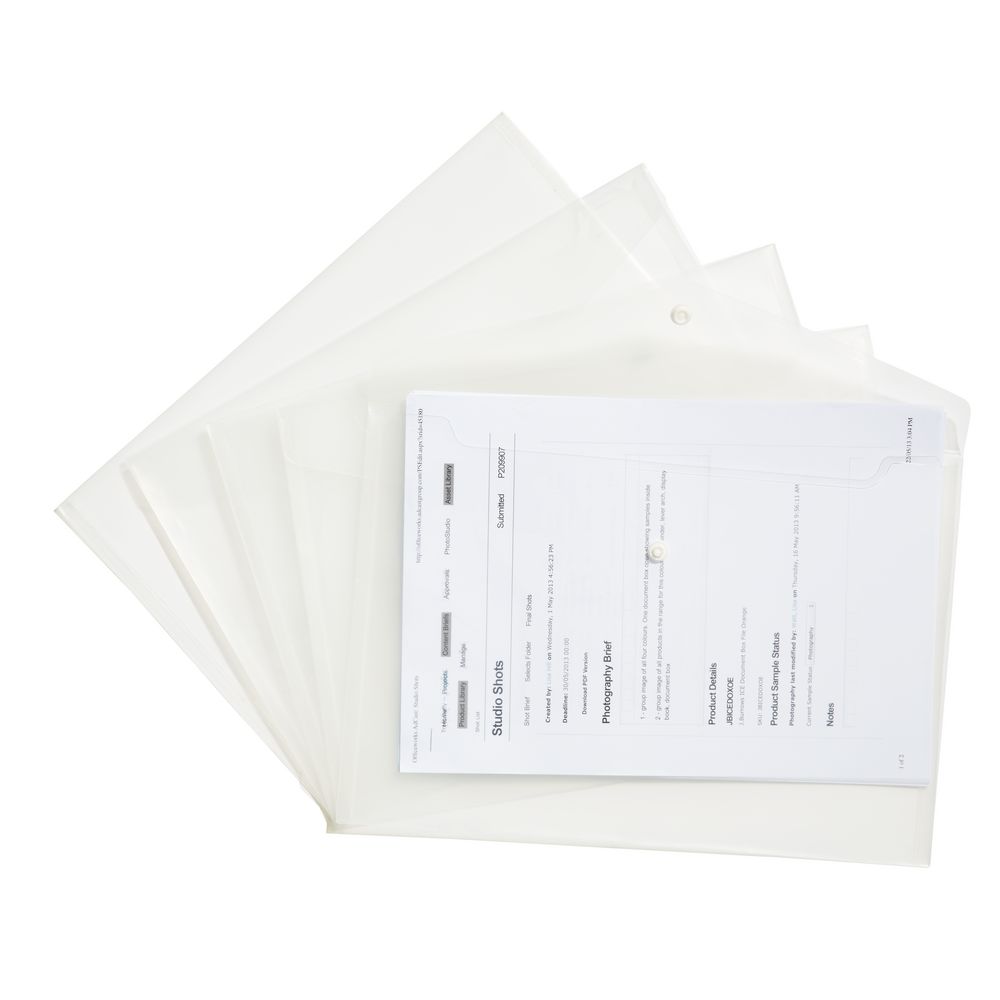 Keji Document Wallet A4 Button Closure Clear 5 Pack