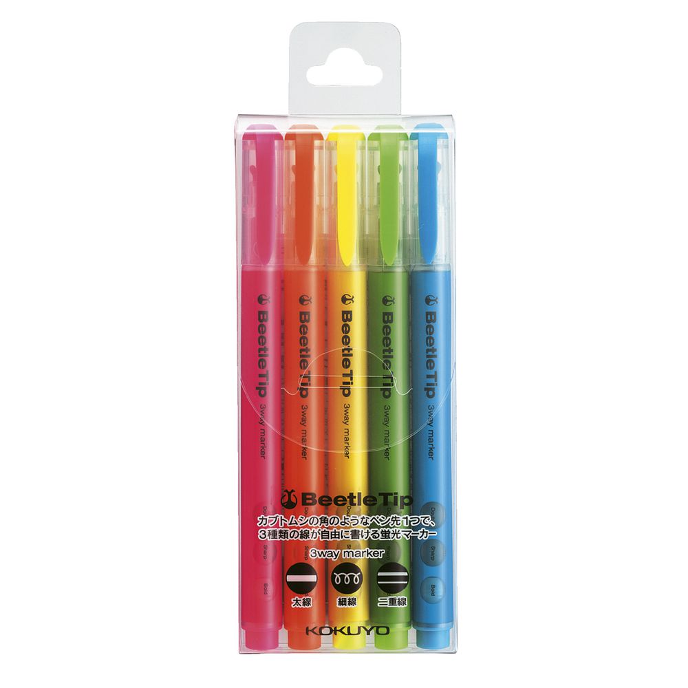 Kokuyo Beetle Tip 3 Way Highlighters Assorted 5 Pack