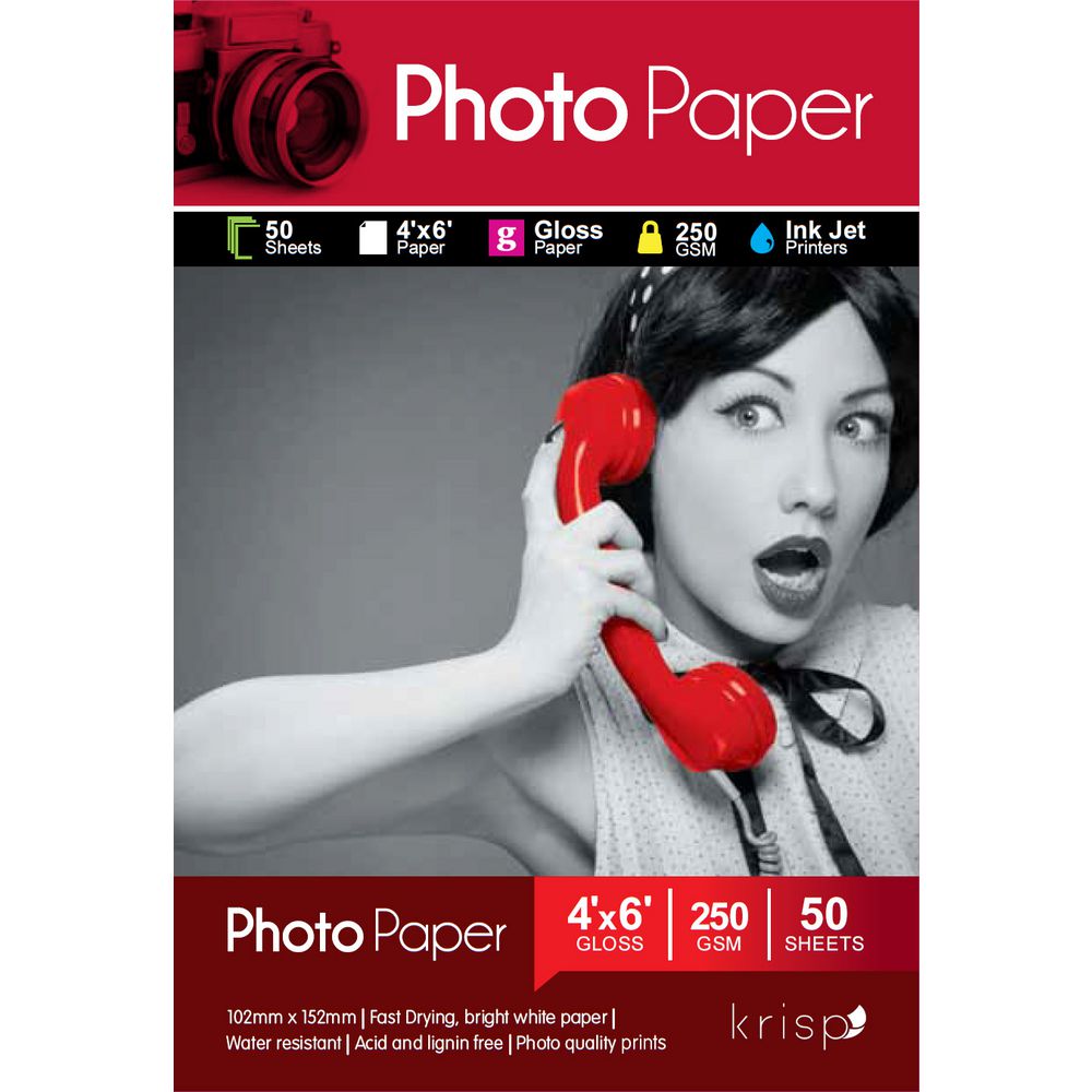 Krisp 250gsm 4 x 6 Glossy Inkjet Photo Paper 50 Sheet Pack