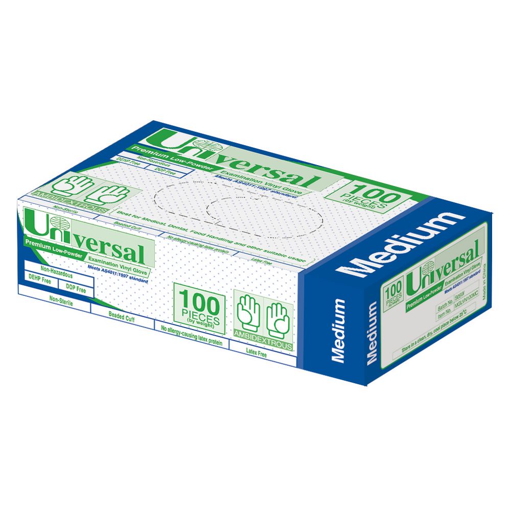 Universal Low Powder Vinyl Glove Medium 100 Pack