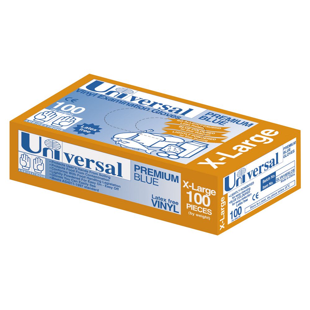 Universal Vinyl Glove Premium Blue Extra Large 100 Pack