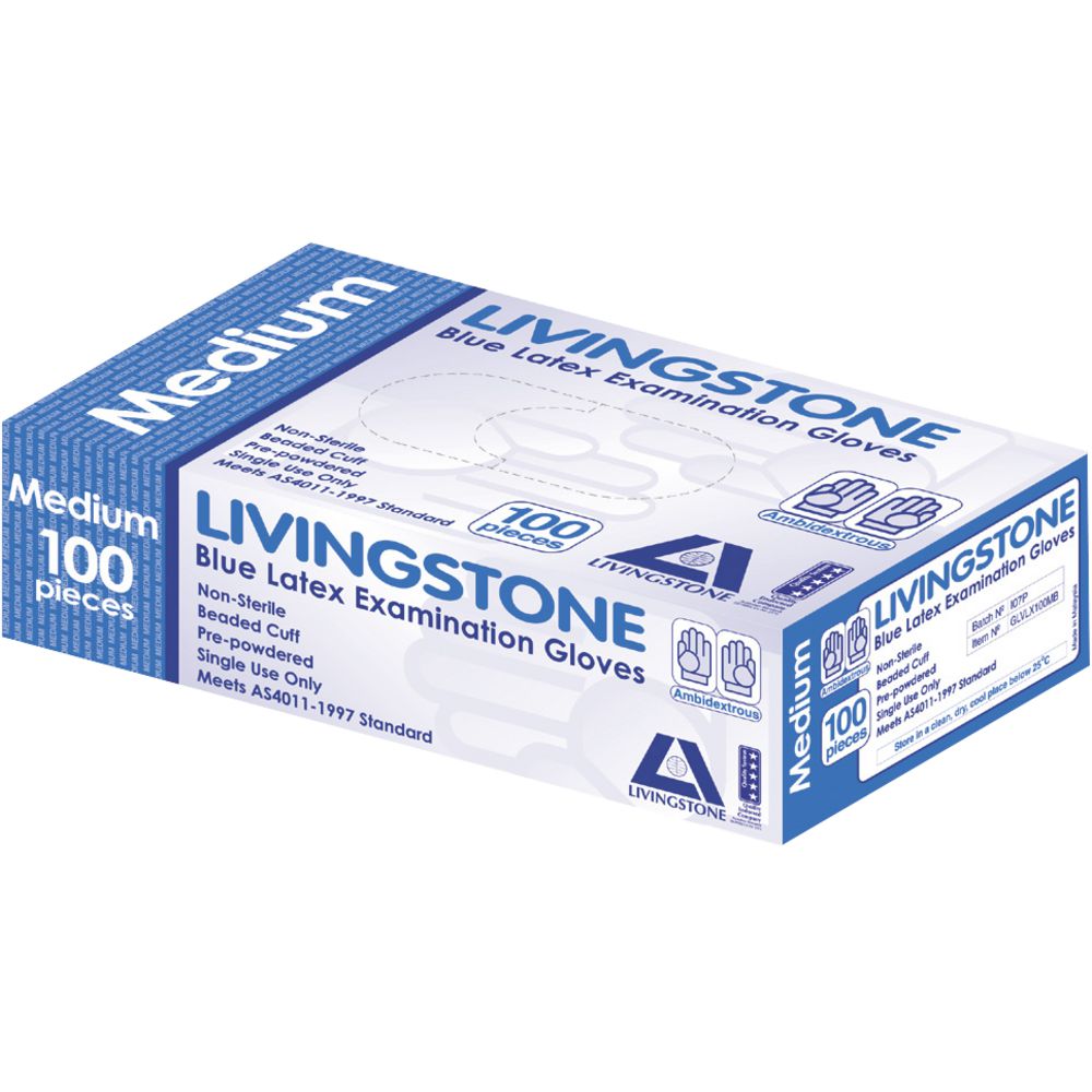 Livingstone Low Powder Latex Glove Blue Medium 100 Pack