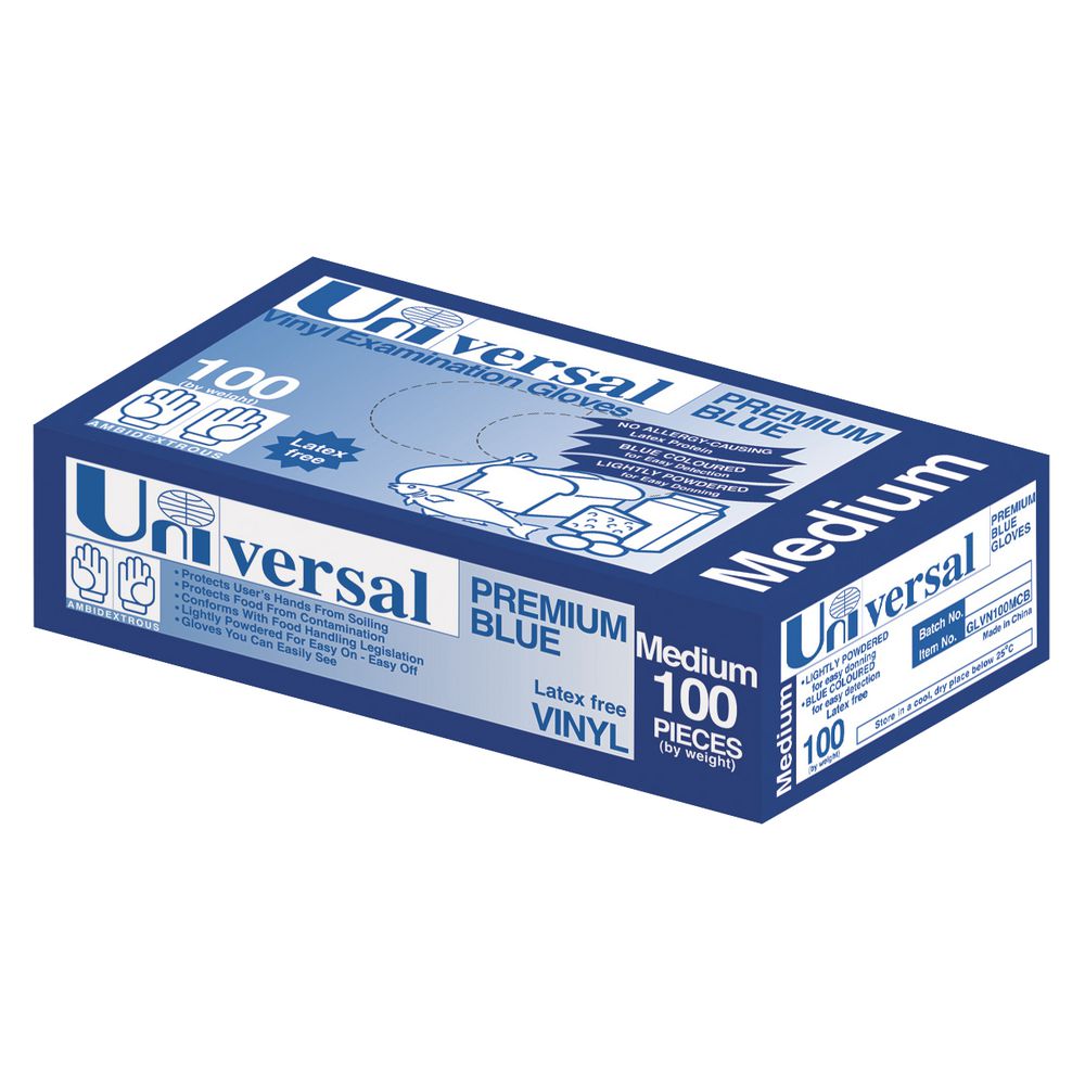 Universal Vinyl Glove Blue Medium 100 Pack