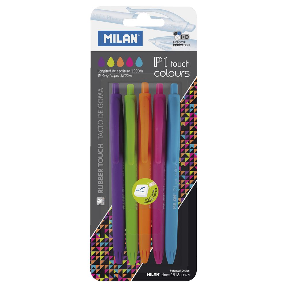 Milan P1 Touch Coloured Retractable Ballpoint Pens 5 Pack