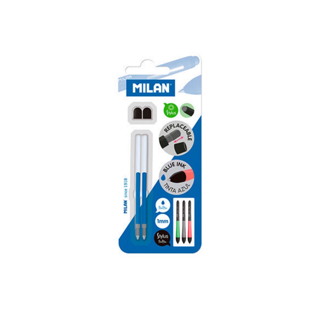 Milan Stylus Ballpoint Pen Refills Blue 2 Pack
