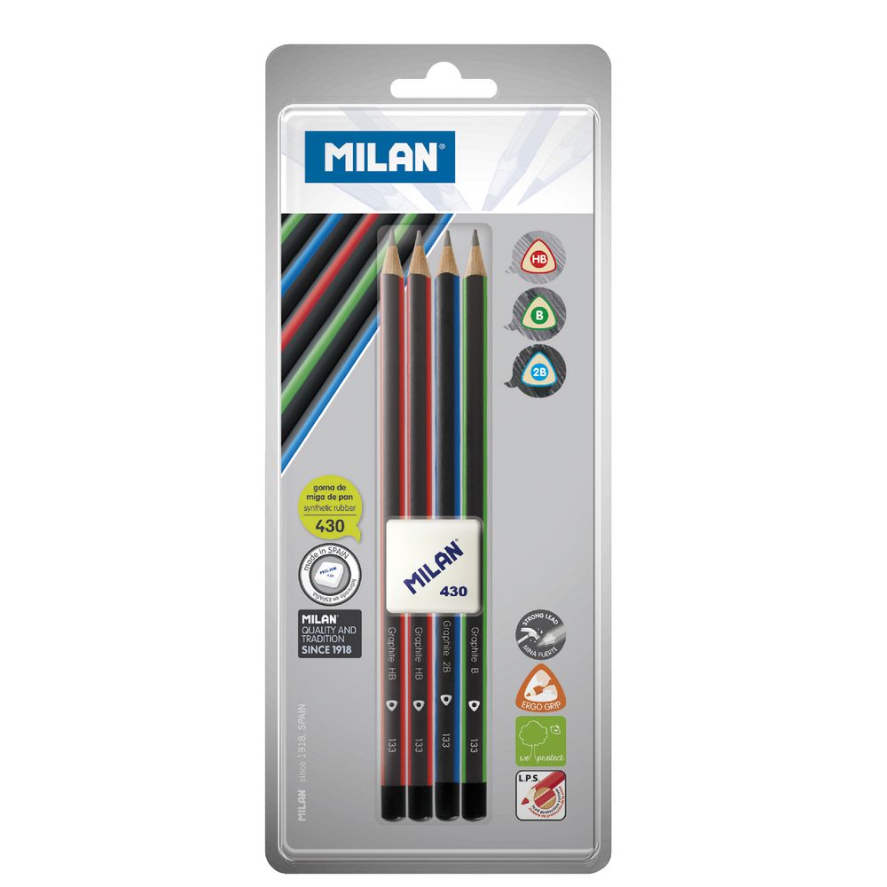 Milan Triangular Graphite Pencils with Eraser 4 Pack Officeworks
