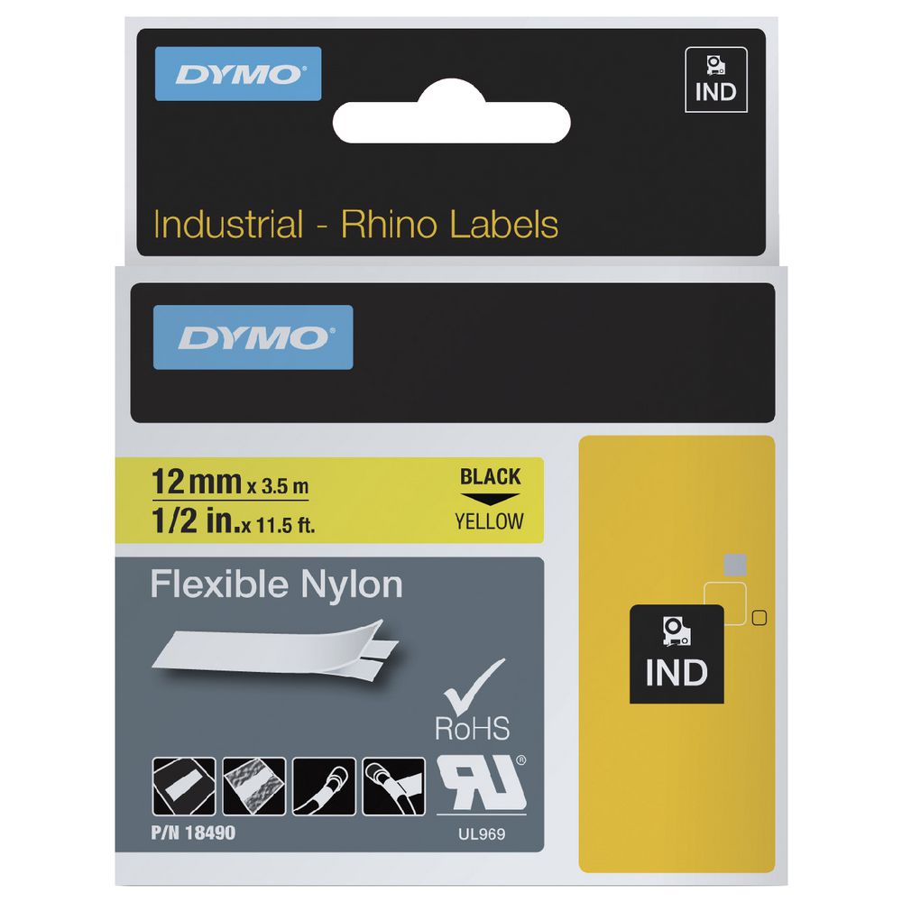 DYMO Rhino Flex Nylon Tape 12mm Black on Yellow