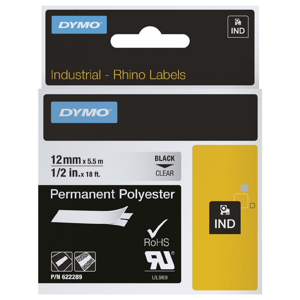 DYMO Rhino Permanent Polyester Tape 12mm Black on Clear