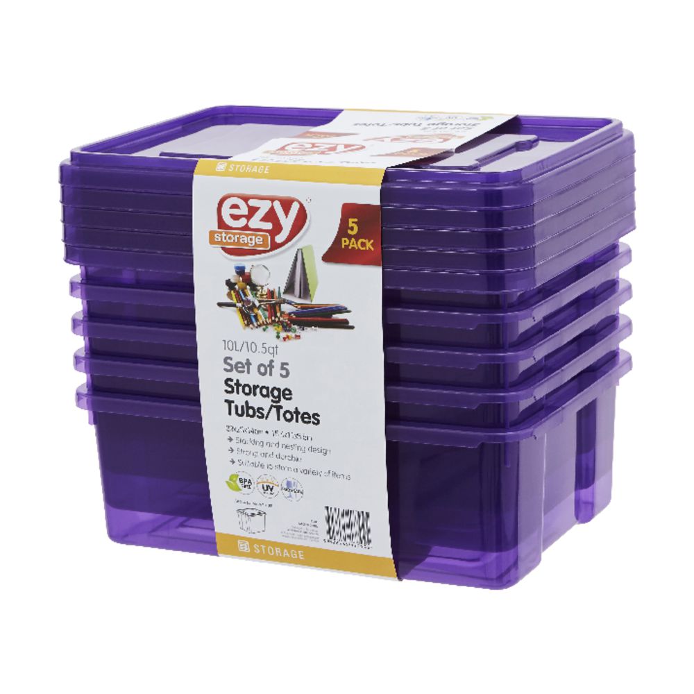 Ezy Storage 10L Storage Containers 5 Pack Purple