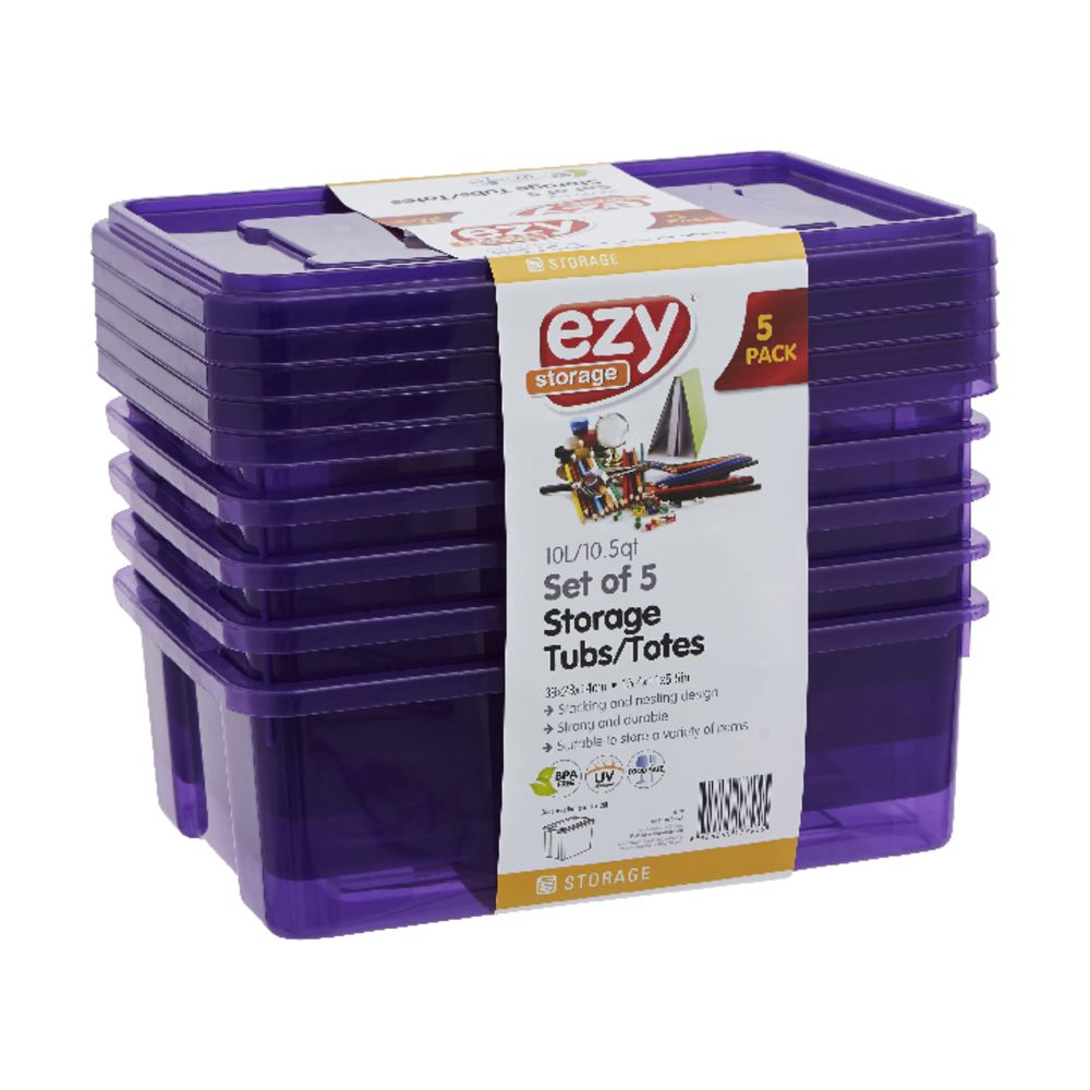 Ezy Storage 10L Storage Containers 5 Pack Purple