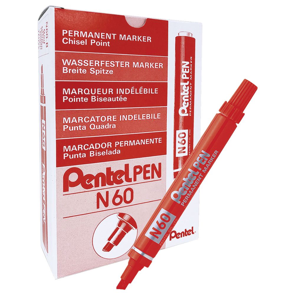 Pentel N60 Permanent Marker Chisel Nib Red 12 Pack