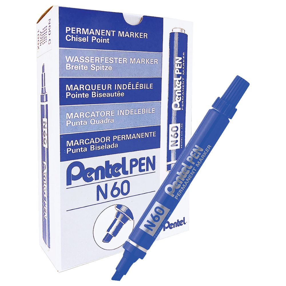 Pentel N60 Permanent Marker Chisel Nib Blue 12 Pack