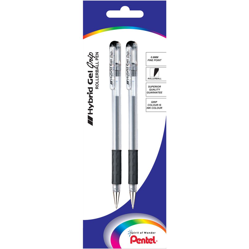 Pentel Hybrid Gel Grip RollerBall Pens Black 2 Pack