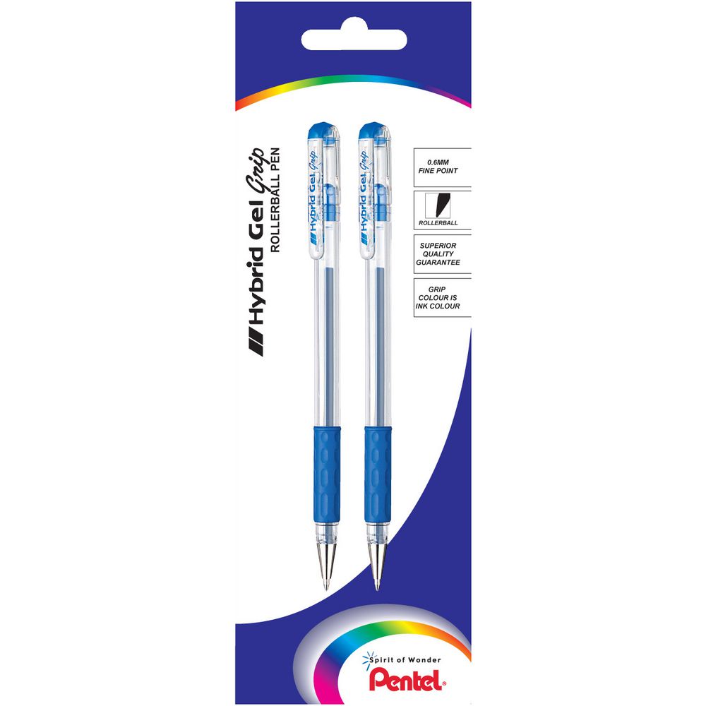Pentel Hybrid Gel Grip RollerBall Pens Blue 2 Pack