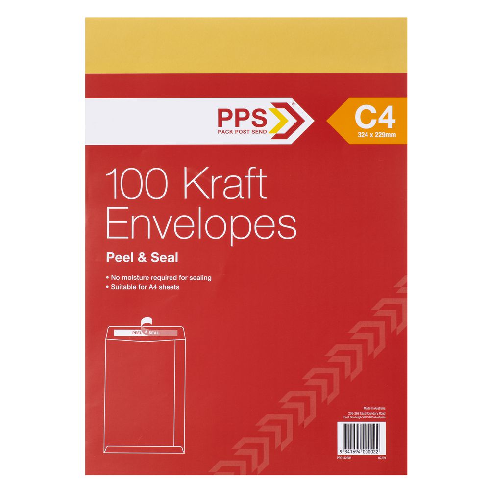 PPS Plainface C4 Envelopes Kraft 100 Pack