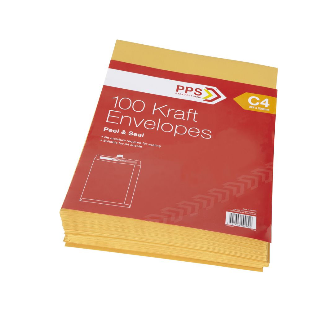 PPS Plainface C4 Envelopes Kraft 100 Pack