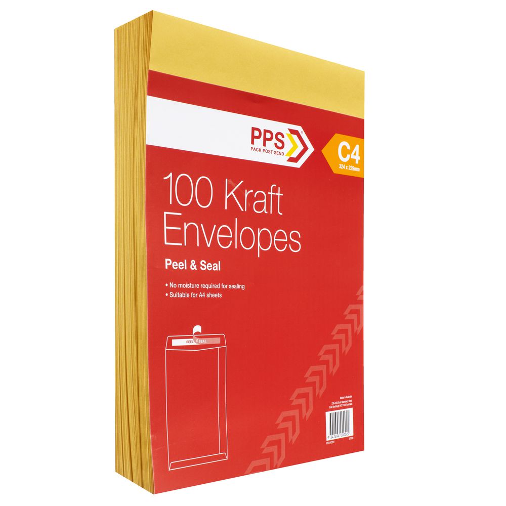 PPS Plainface C4 Envelopes Kraft 100 Pack