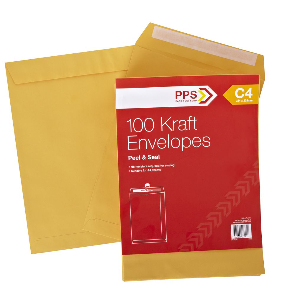 PPS Plainface C4 Envelopes Kraft 100 Pack
