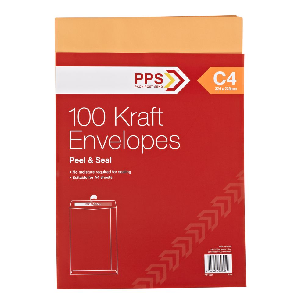 PPS Plainface C4 Envelopes Kraft 100 Pack