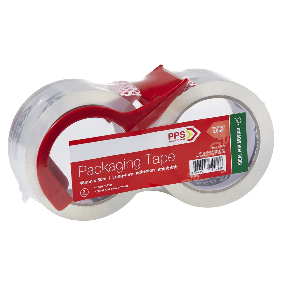 PPS 48mmx50m Clear Moving Packaging Tape and Dispenser 2 Pack