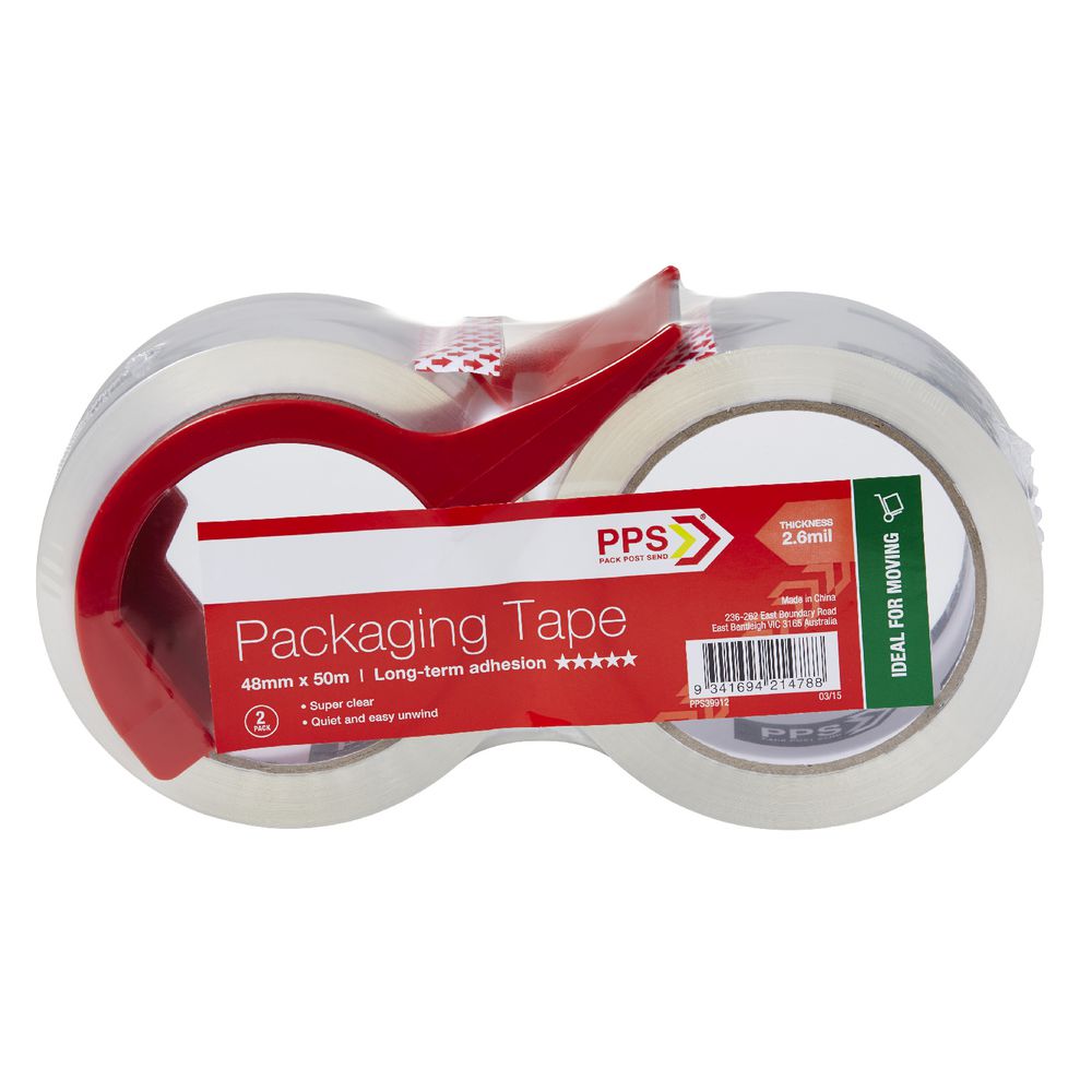 PPS 48mmx50m Clear Moving Packaging Tape and Dispenser 2 Pack