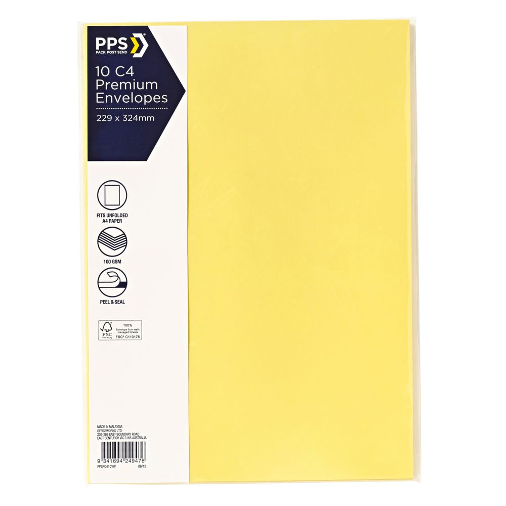 PPS C4 Printed Coloured Envelopes Vibrant Yellow 10 Pack