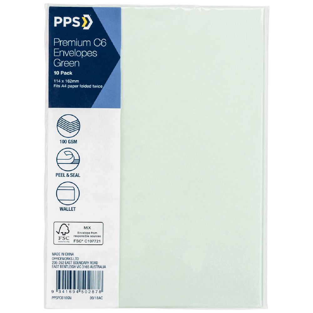 PPS C6 Printed Coloured Envelopes Lily Green 10 Pack
