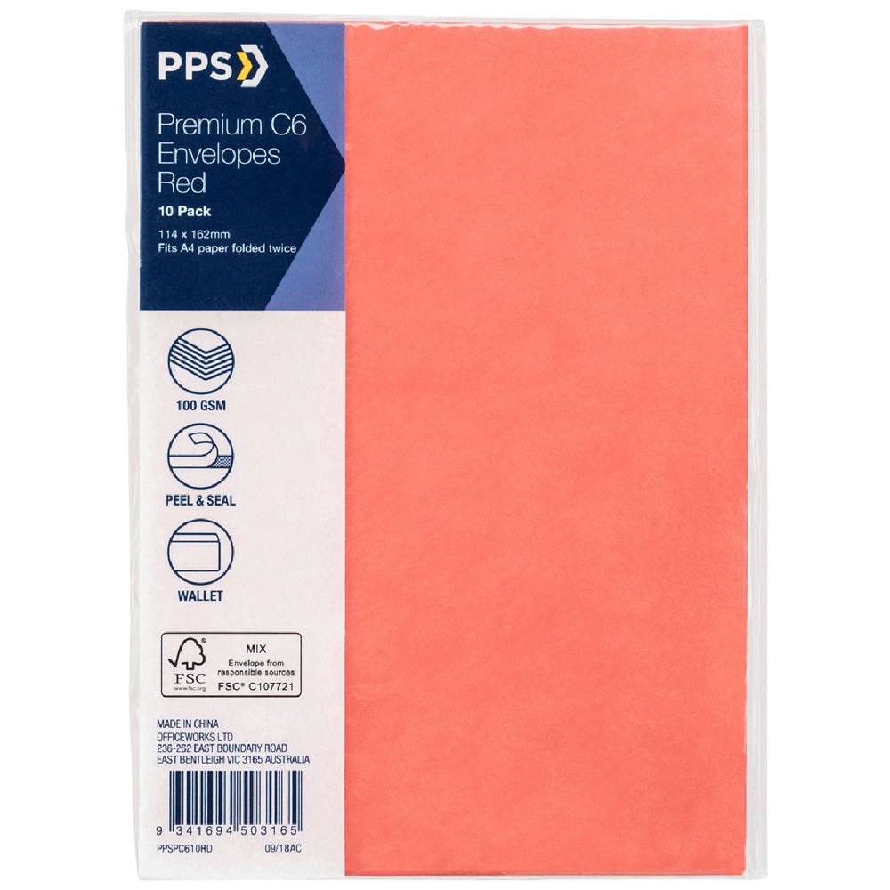 PPS C6 Printed Coloured Envelopes High Risk Red 10 Pack
