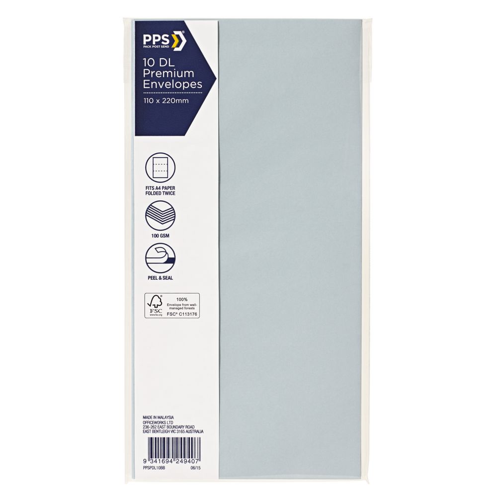 PPS DL Printed Coloured Envelopes Baby Blue 10 Pack
