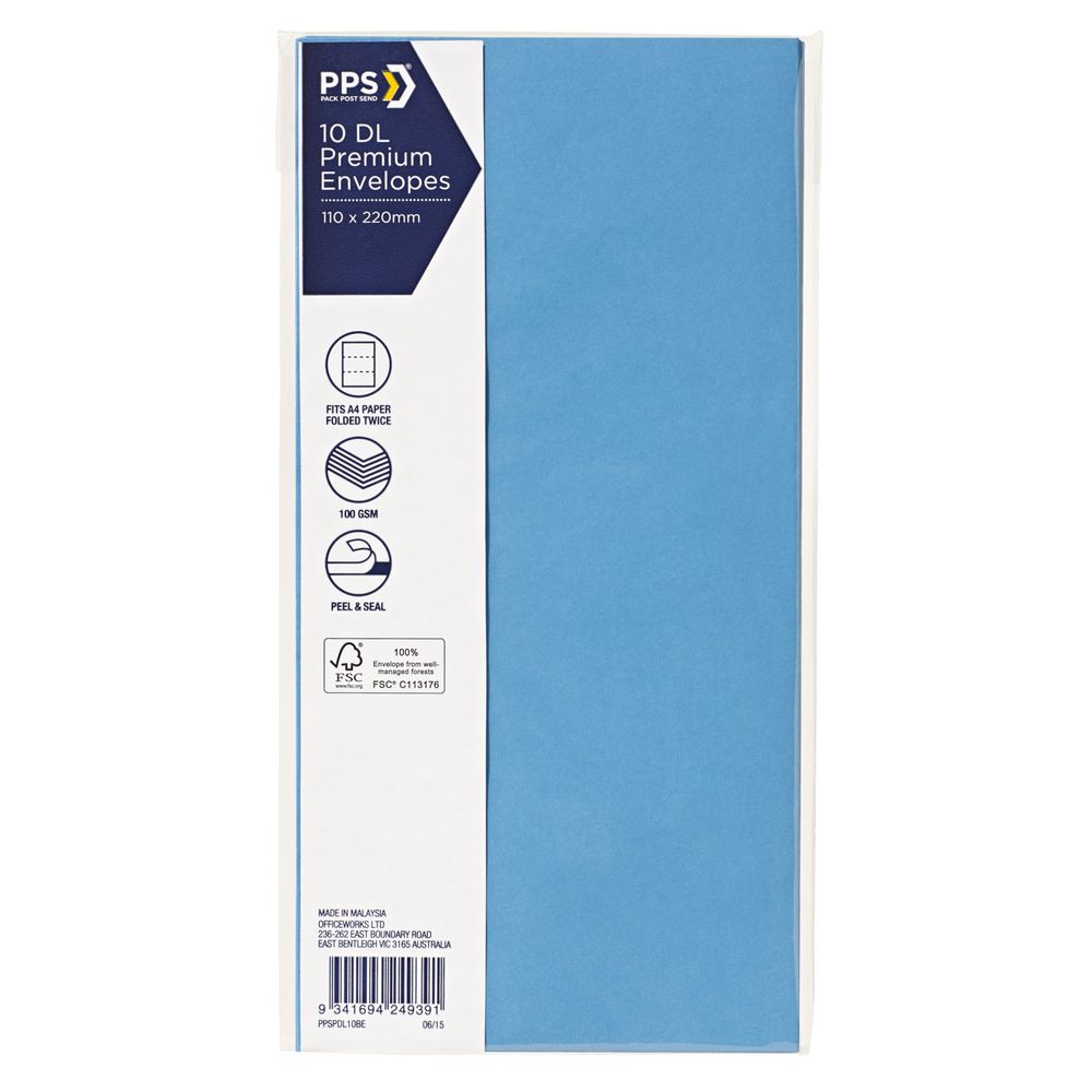 PPS DL Printed Coloured Envelopes Bonnie Blue 10 Pack