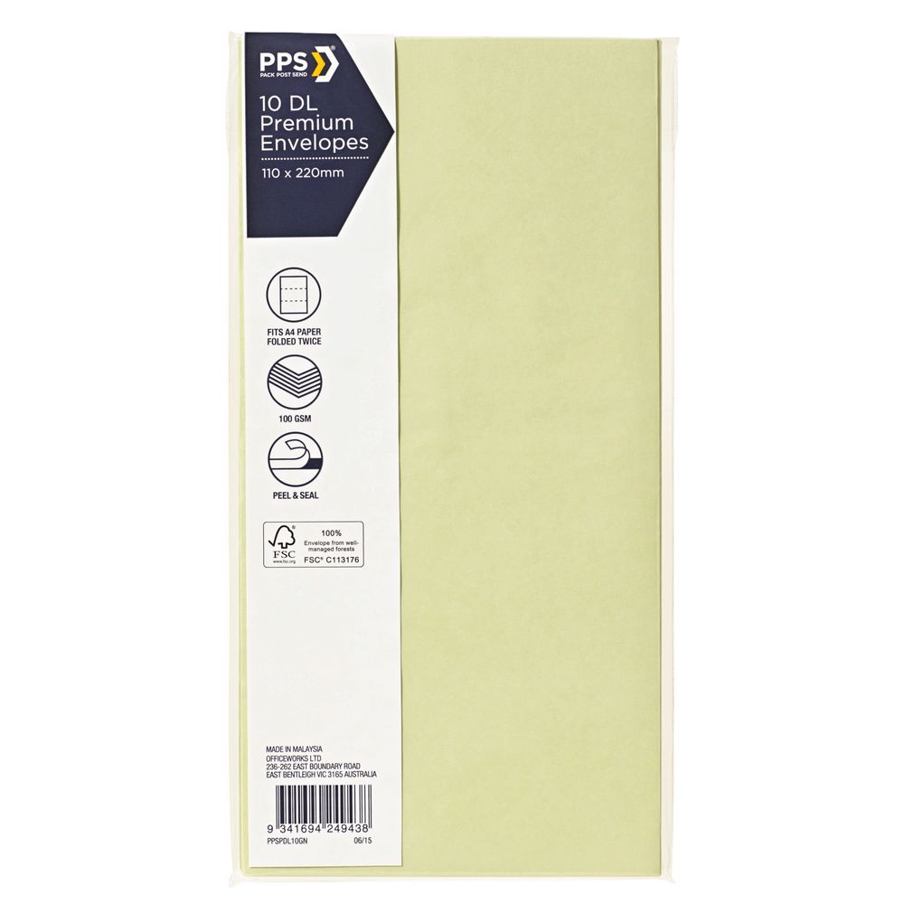 PPS DL Printed Coloured Envelopes Lily Green 10 Pack
