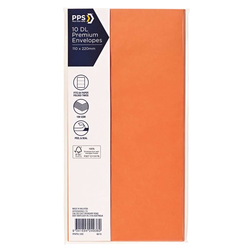 PPS DL Printed Coloured Envelopes Vibrant Orange 10 Pack