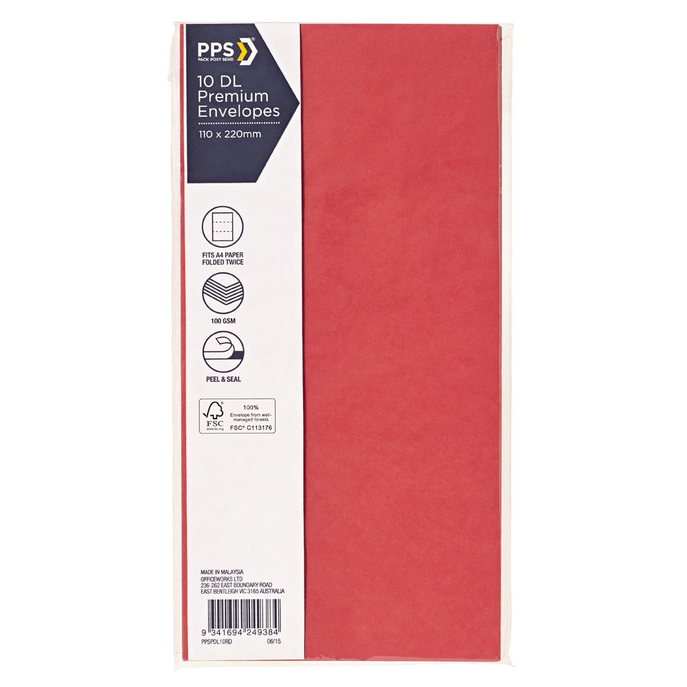 PPS DL Printed Coloured Envelopes High Risk Red 10 Pack