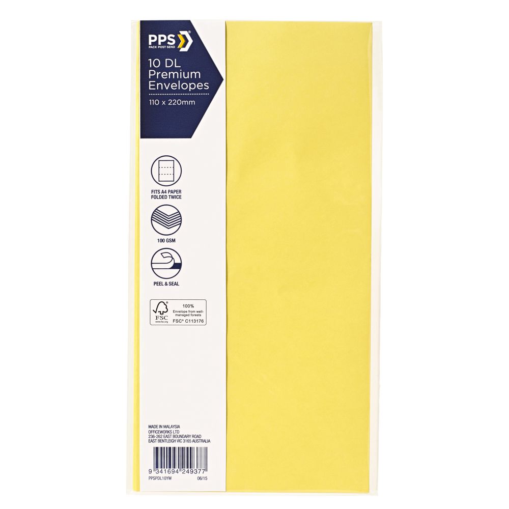 PPS DL Printed Coloured Envelopes Vibrant Yellow 10 Pack