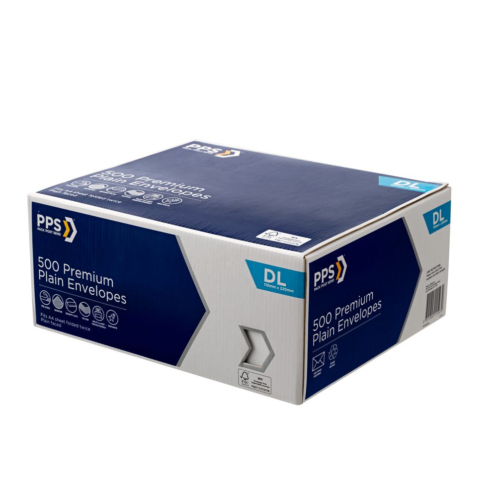 PPS Premium Plainface DL White Envelopes Box of 500