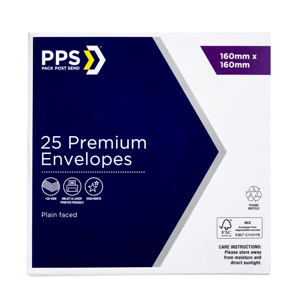 PPS Premium Square Envelopes 160mm 120gsm White 25 Pack