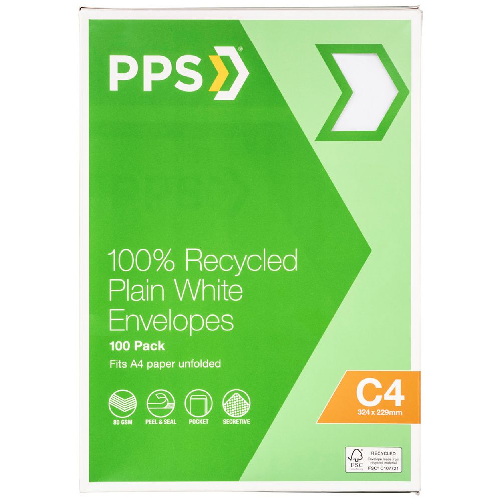PPS C4 Plain Faced 100% Recycled Envelopes 100 Pack