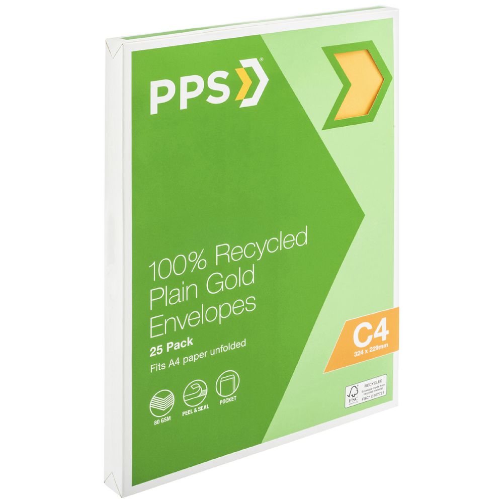 PPS C4 Plain Faced Gold 100% Recycled Envelopes 25 Pack