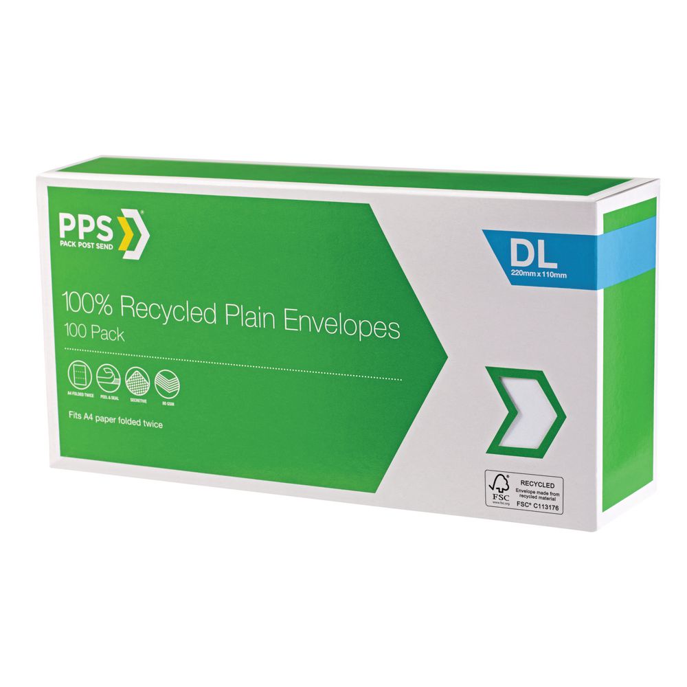 PPS DL Plain Faced 100% Recycled Envelopes 100 Pack