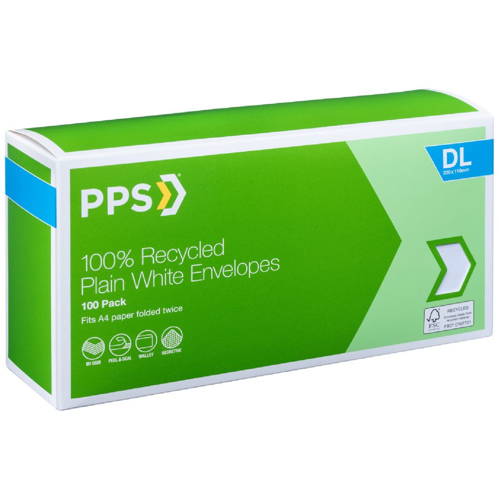 PPS DL Plain Faced 100% Recycled Envelopes 100 Pack