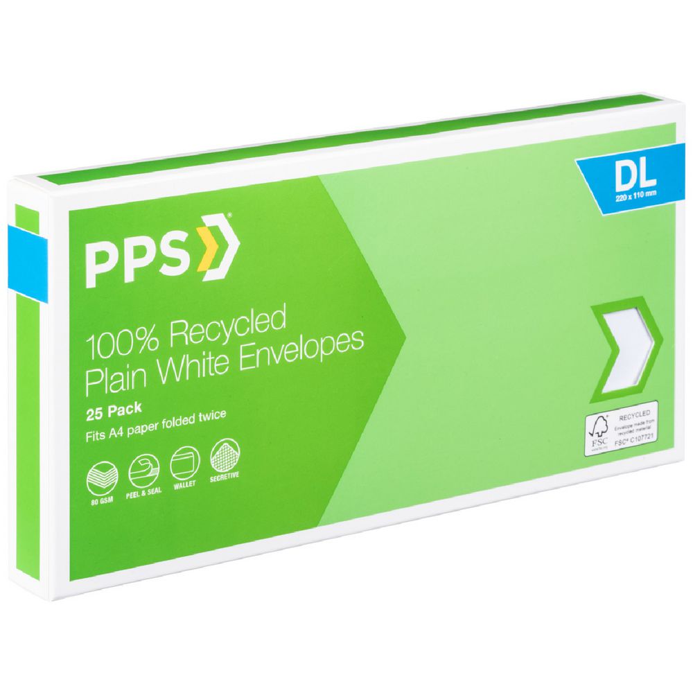 PPS DL Plain Faced 100% Recycled Envelopes 25 Pack