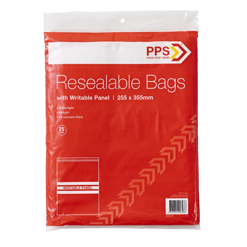 PPS 255 x 355mm Resealable Bags with Writable Panel 25 Pack